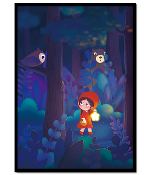 Little Girl in Red Hood Exploring Enchanted Forest at Night with Owl and Bear