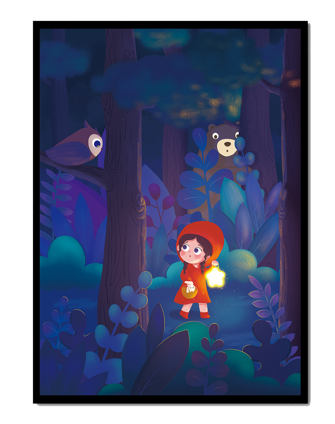 Little Girl in Red Hood Exploring Enchanted Forest at Night with Owl and Bear