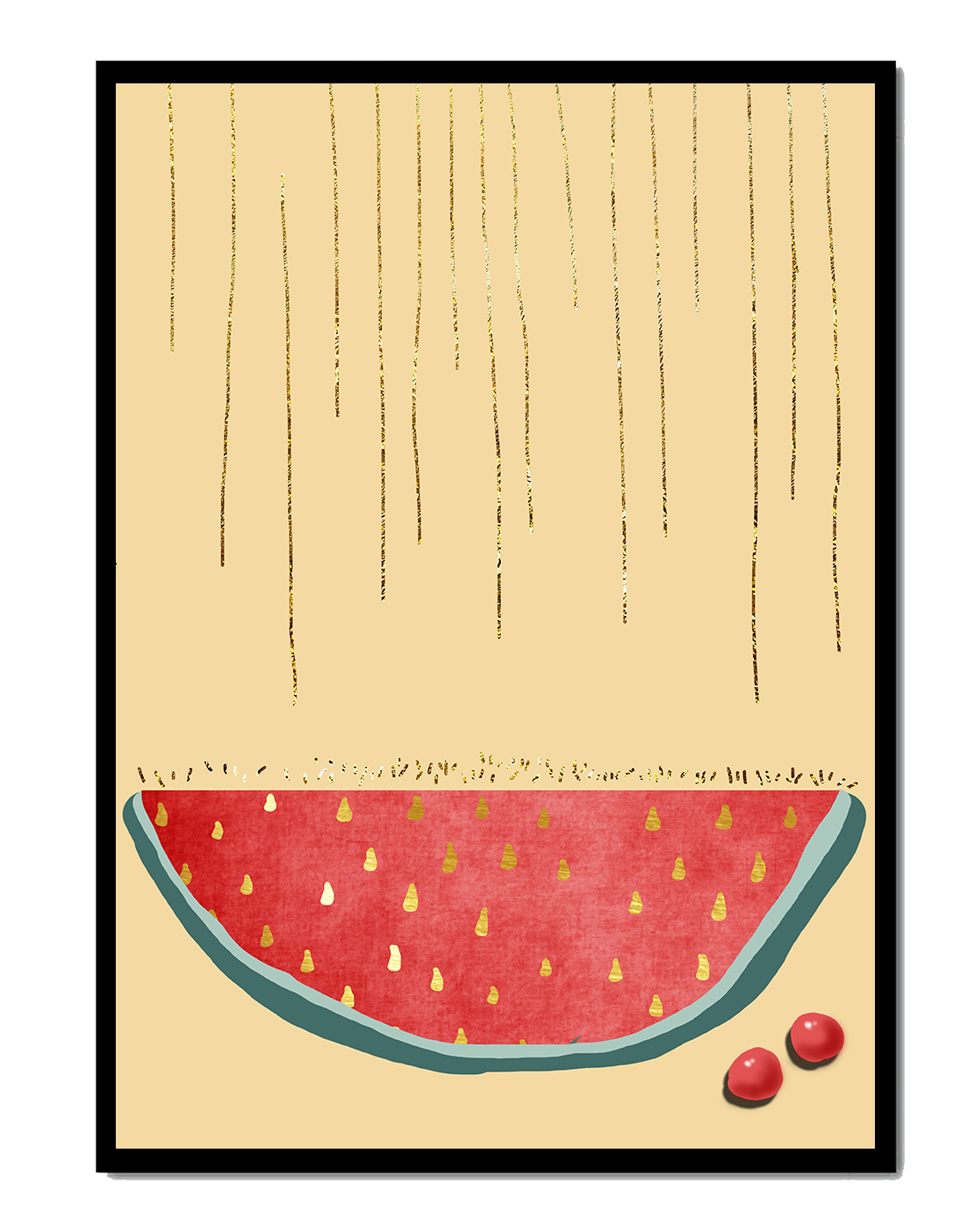 Abstract Watermelon Slice with Gold Accents on Minimalist Background