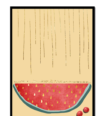 Abstract Watermelon Slice with Gold Accents on Minimalist Background