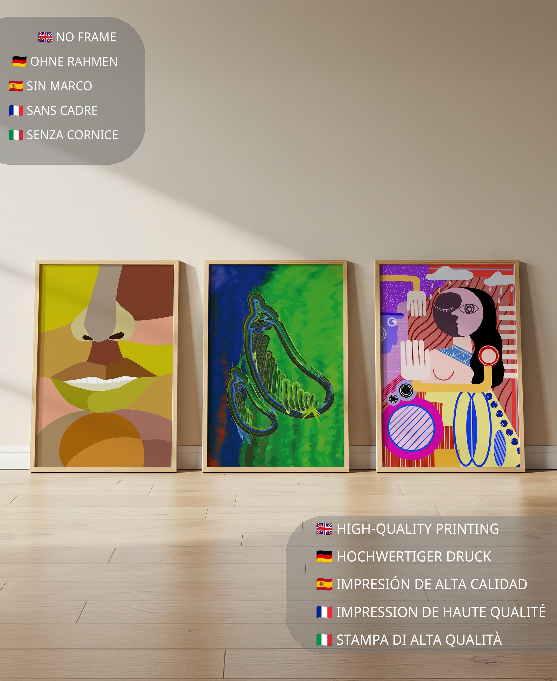 Ensemble d'affiches modernes sur le mur du salon