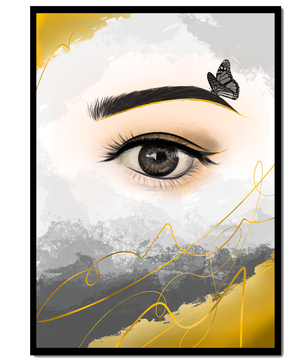Artistic eye illustration with butterfly and abstract gold accents