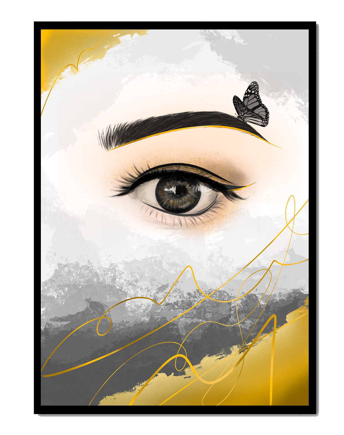 Artistic eye illustration with butterfly and abstract gold accents