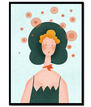 Whimsical Portrait of a Woman with Green Hair and Abstract Circles - Mi tienda