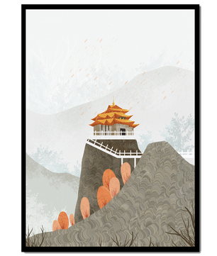 Serene mountain landscape with traditional Asian architecture