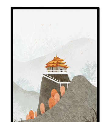 Serene mountain landscape with traditional Asian architecture