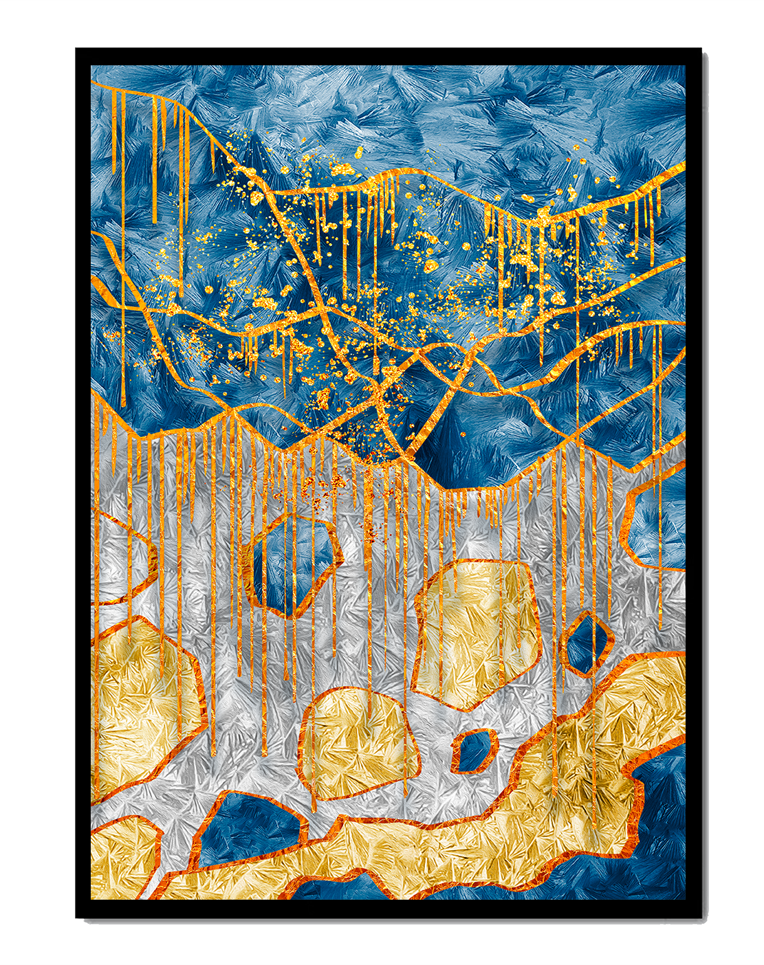 Abstract gold and blue textured art with dynamic splashes of color