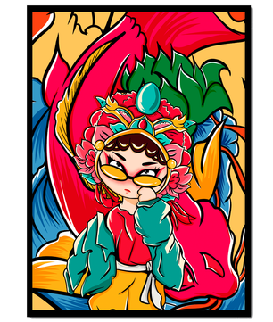 Vibrant illustration featuring a character in traditional costume with dragon elements