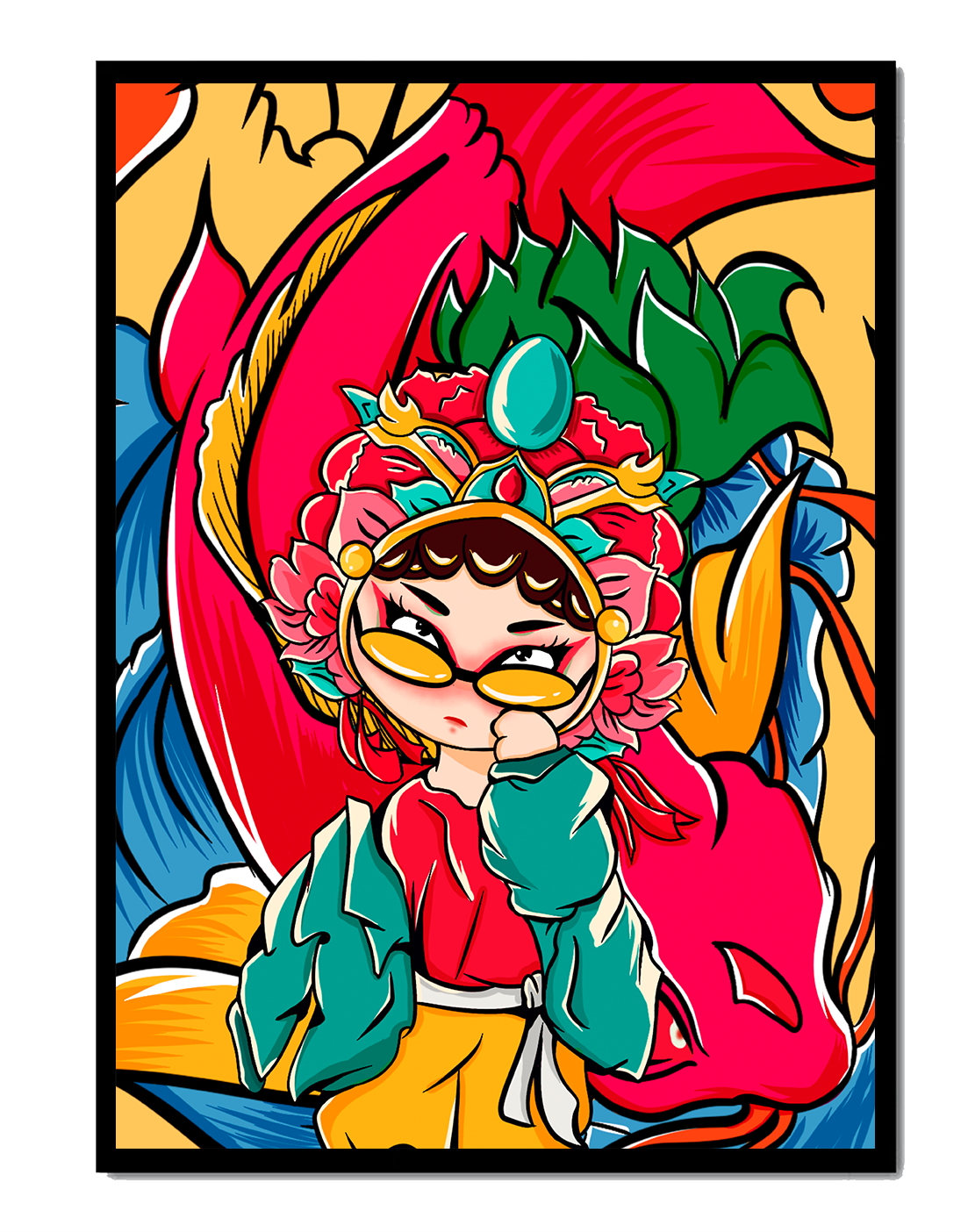 Vibrant illustration featuring a character in traditional costume with dragon elements
