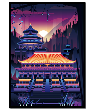Neon Asian Temple at Sunset in Stylized Landscape