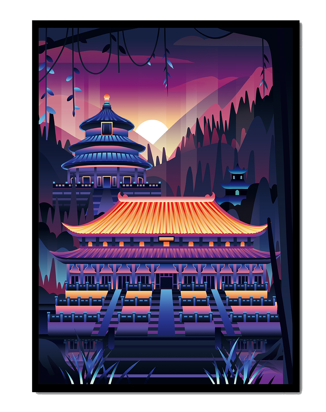 Neon Asian Temple at Sunset in Stylized Landscape