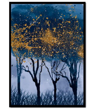 Mystical forest landscape with gold splatter art