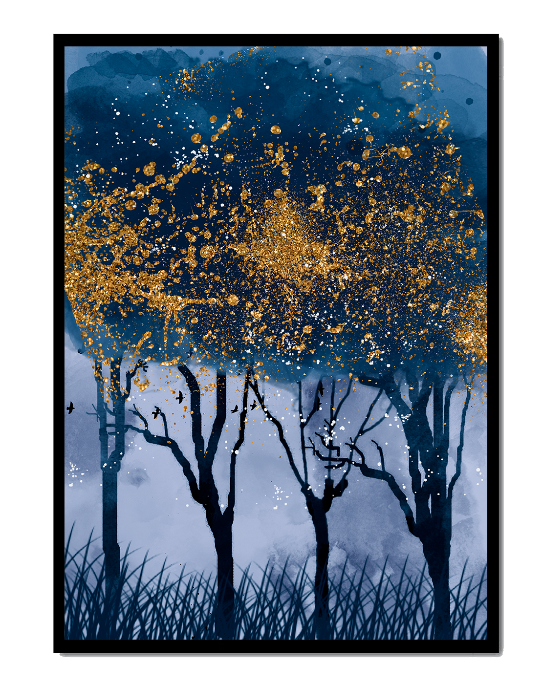 Mystical forest landscape with gold splatter art