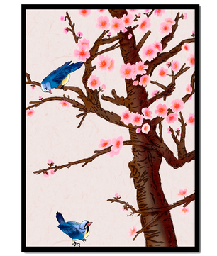 Ilustración encantadora de un árbol de cerezo con pájaros