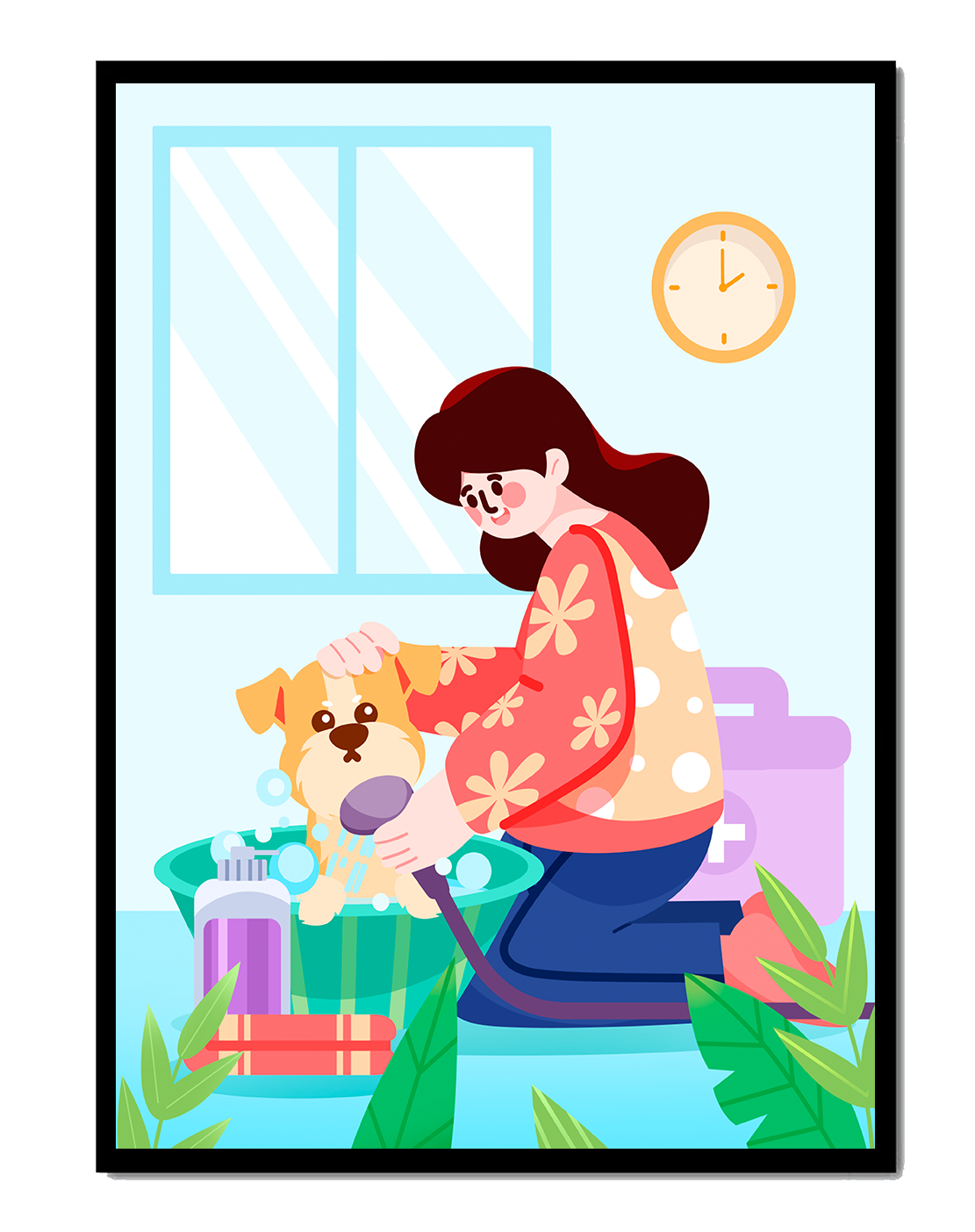 Woman giving a bath to a dog in a colorful bathroom setting