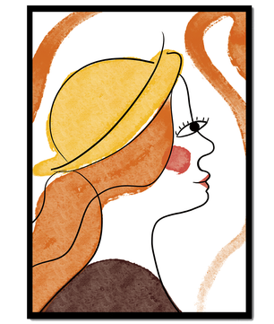 Retrato de línea moderna de una mujer con sombrero y colores vibrantes