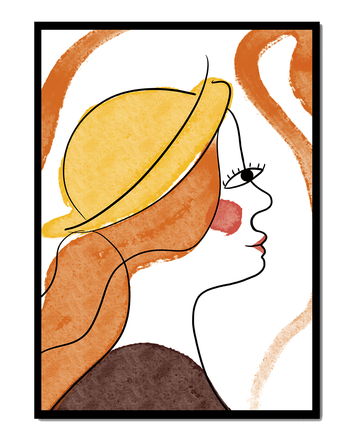 Retrato de línea moderna de una mujer con sombrero y colores vibrantes