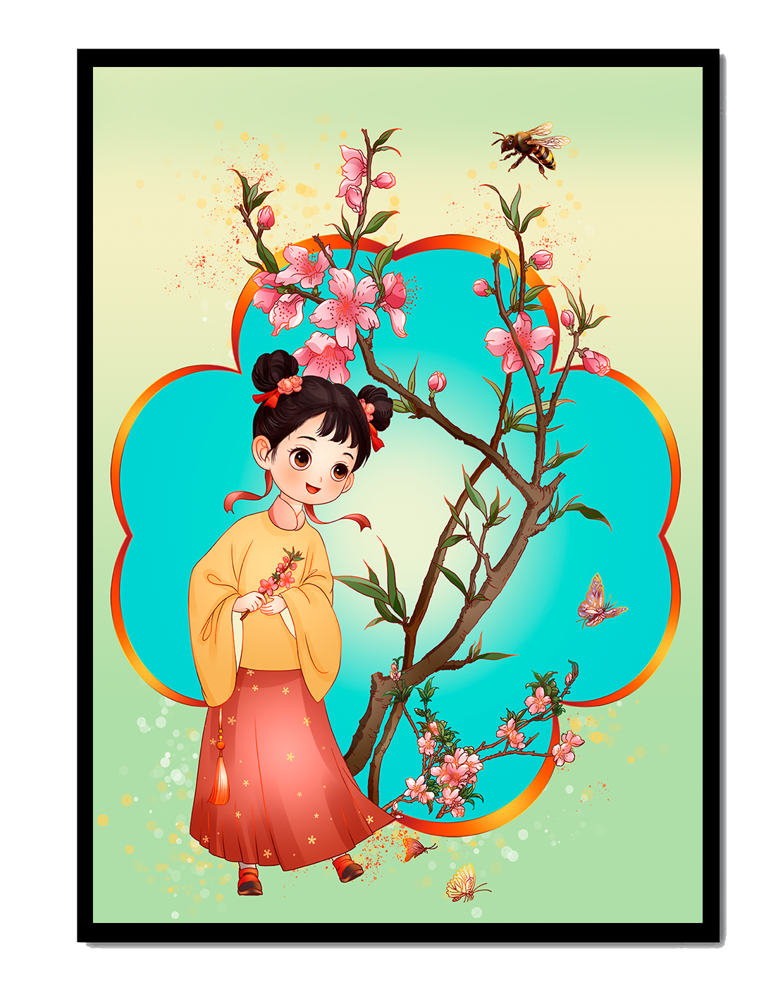 Illustration of a girl with cherry blossoms and butterflies