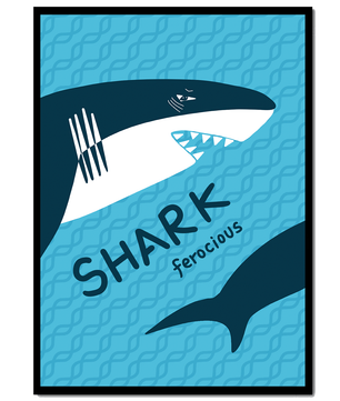 Gráfico de tiburón ilustrado con fondo azul y tipografía