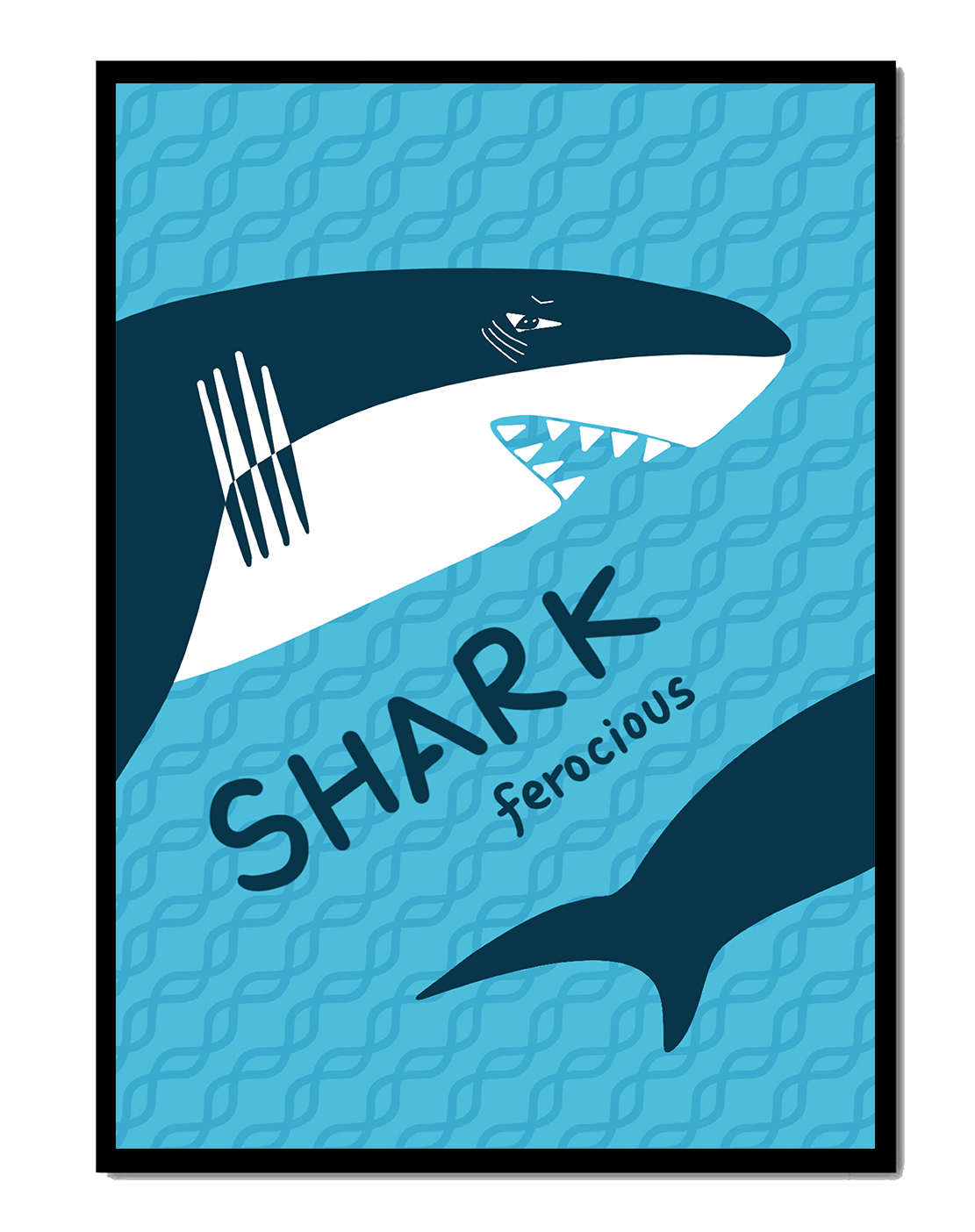 Illustrated shark graphic with blue background and typography