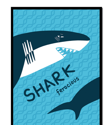 Illustrated shark graphic with blue background and typography