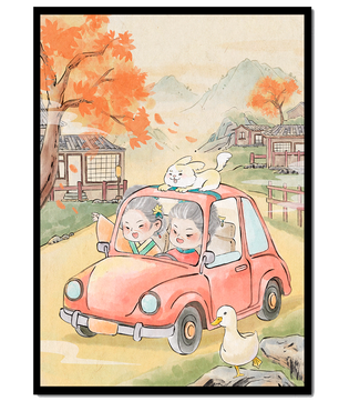 Charmante Landfahrt mit verspielten Charakteren und herbstlicher Landschaft