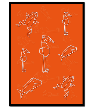 Geometrische Tiermuster auf leuchtend orangefarbenem Hintergrund