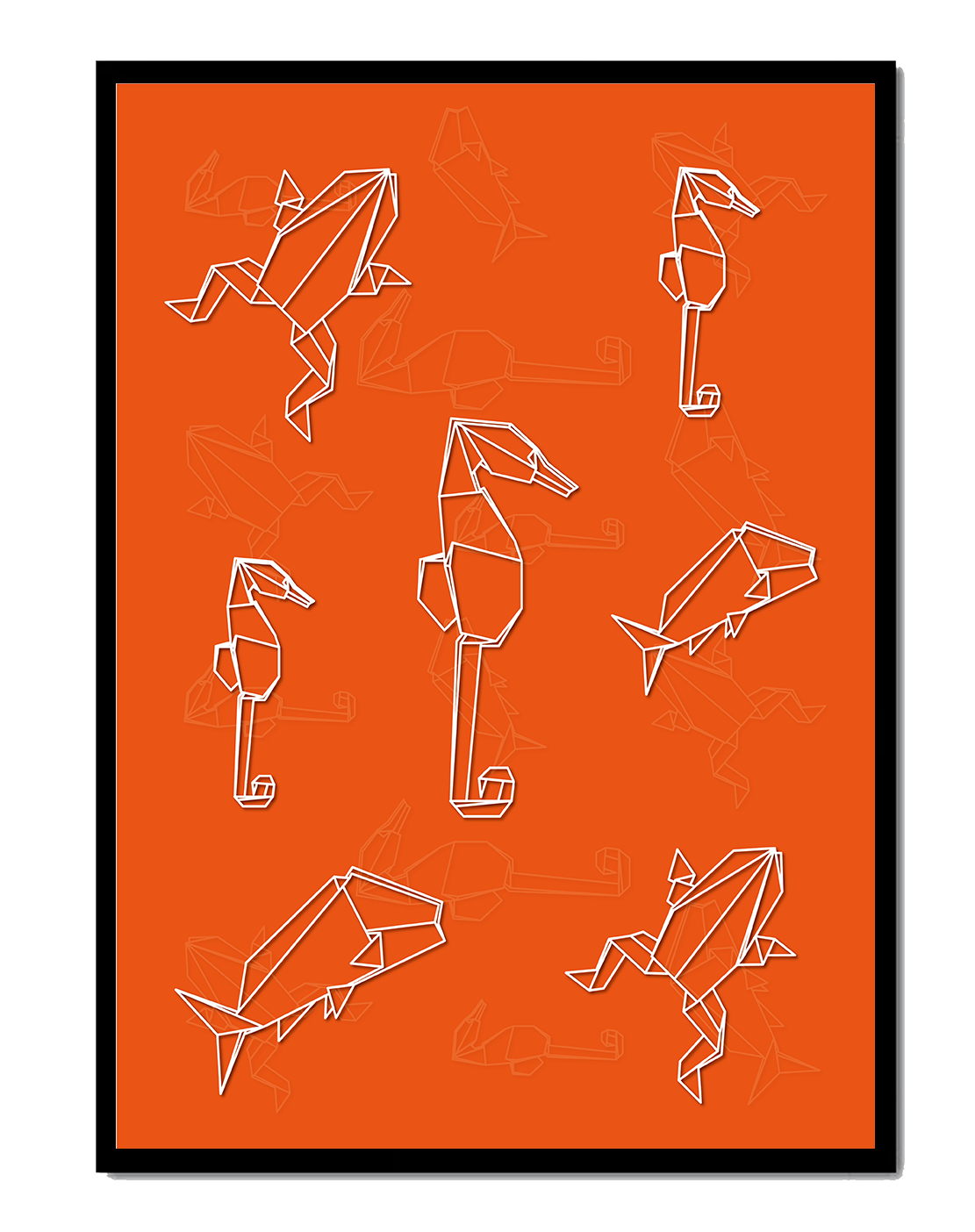 Geometric animal patterns on vibrant orange background