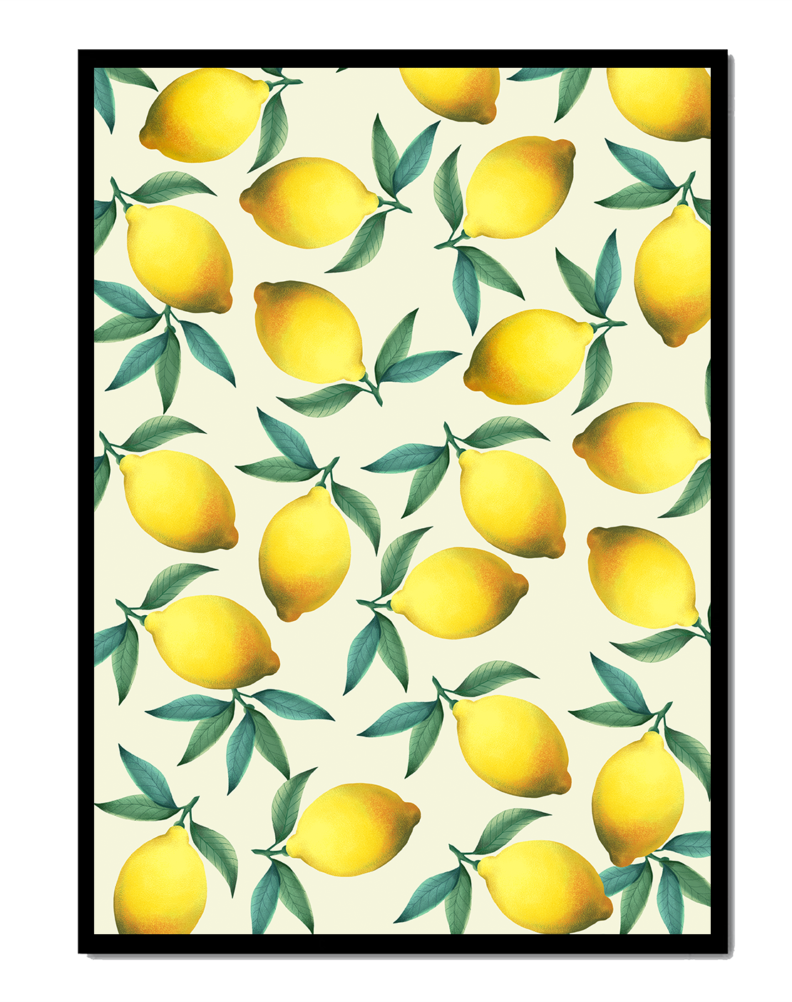 Vibrant lemon pattern with green leaves on a light background