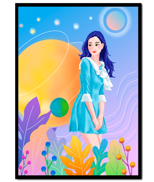 Ilustración de fantasía de una mujer en un jardín cósmico con colores vibrantes