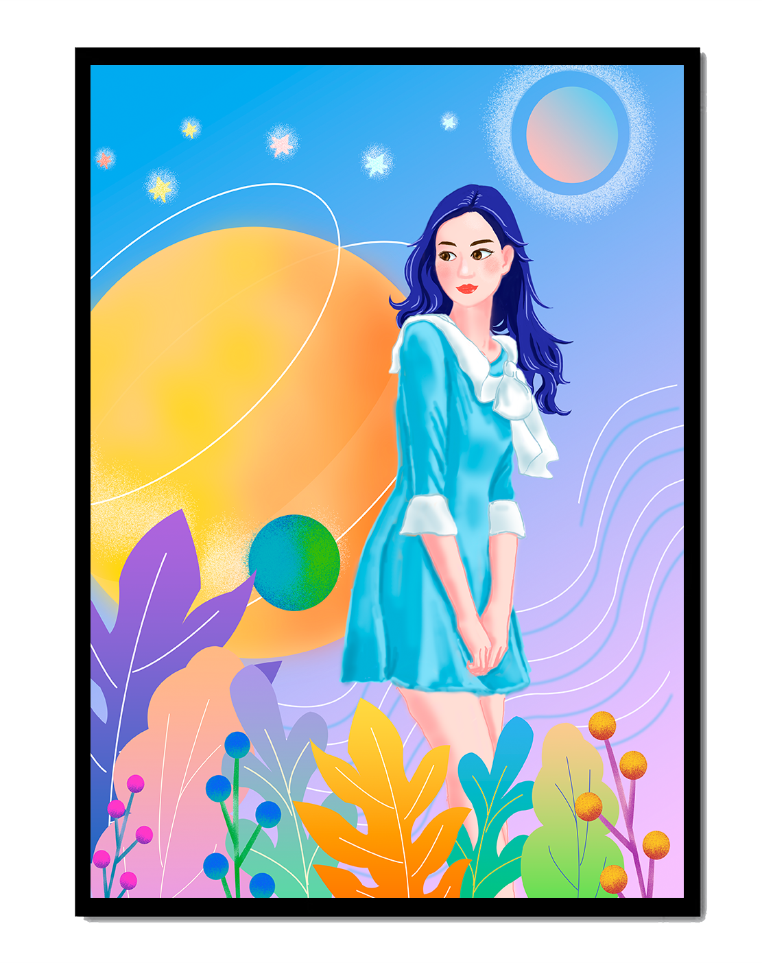 Ilustración de fantasía de una mujer en un jardín cósmico con colores vibrantes