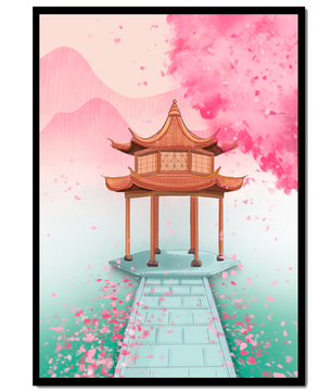 Traditioneller asiatischer Pavillon, umgeben von Kirschblüten