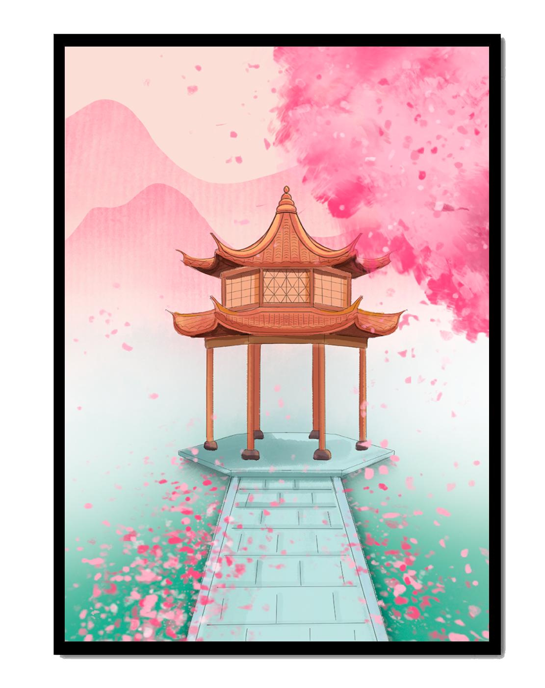 Traditional Asian gazebo surrounded by cherry blossoms