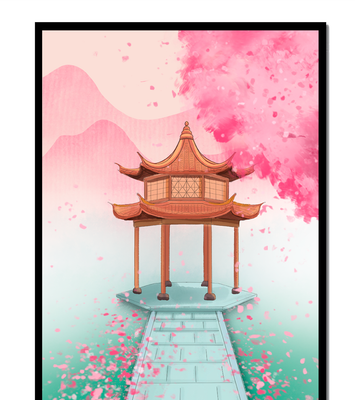 Traditional Asian gazebo surrounded by cherry blossoms