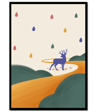 Colorful abstract deer illustration within a serene landscape