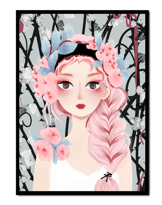 Illustration of a girl with floral headpiece against abstract floral background