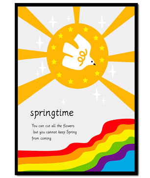 Colorful springtime illustration with dove and rainbow