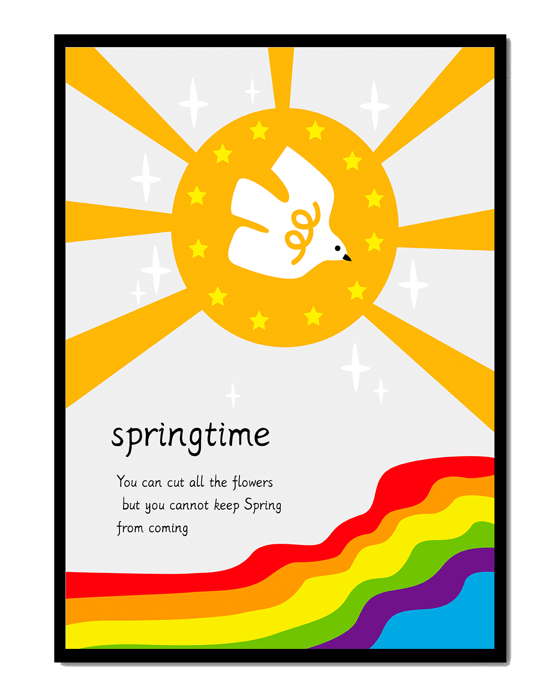 Colorful springtime illustration with dove and rainbow
