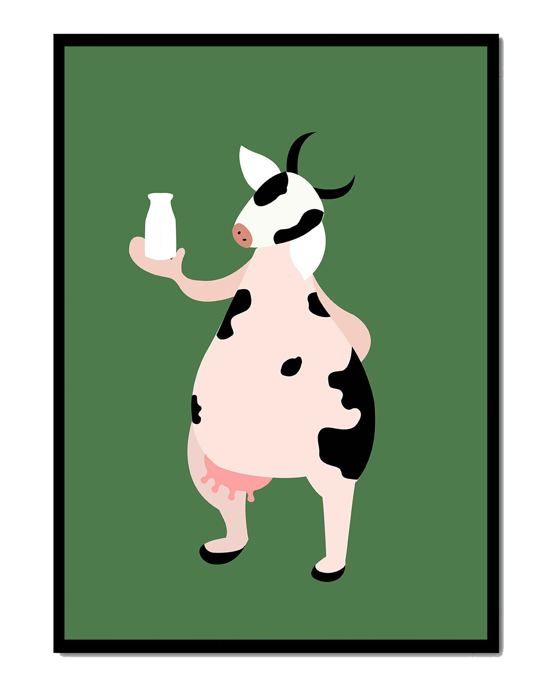 Illustration of anthropomorphic cow holding a milk bottle on green background