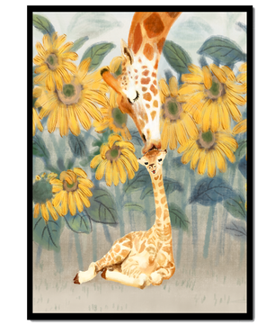 Pintura acuarela de jirafas y girasoles en una escena tierna de una familia de jirafas