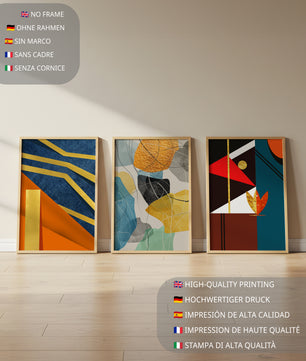 Conjunto De Tres Obras De Arte Geométrico Con Elementos Dorados Y Colores Vivos