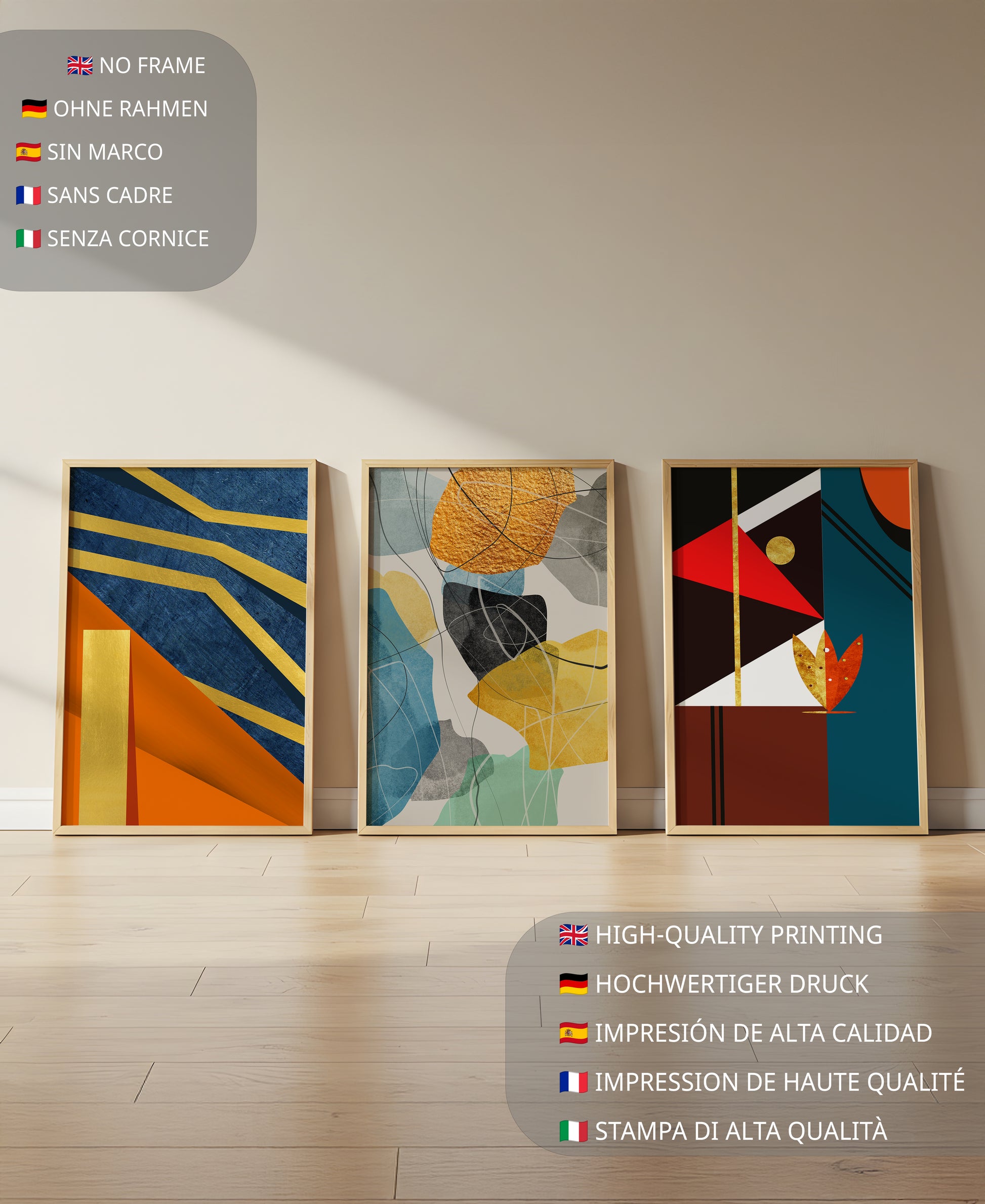 Conjunto De Tres Obras De Arte Geométrico Con Elementos Dorados Y Colores Vivos