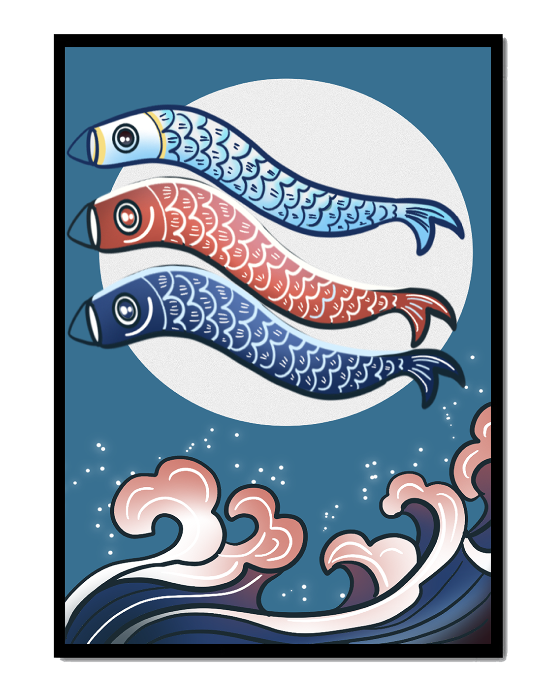 Colorful koi fish kites against a full moon with ocean waves