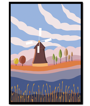 Paysage coloré avec moulin à vent et arbres abstraits