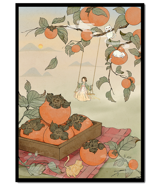 Paisaje caprichoso con naranjas y un niño columpiándose