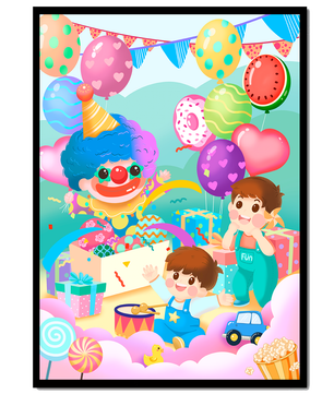 Colorful clown-themed children's party with balloons and toys