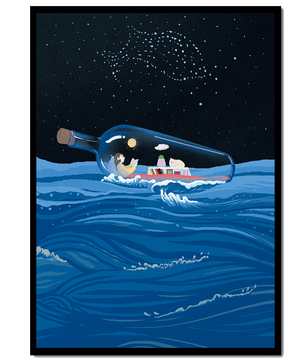 Surreal illustration of a bottle on the ocean with a starry night sky