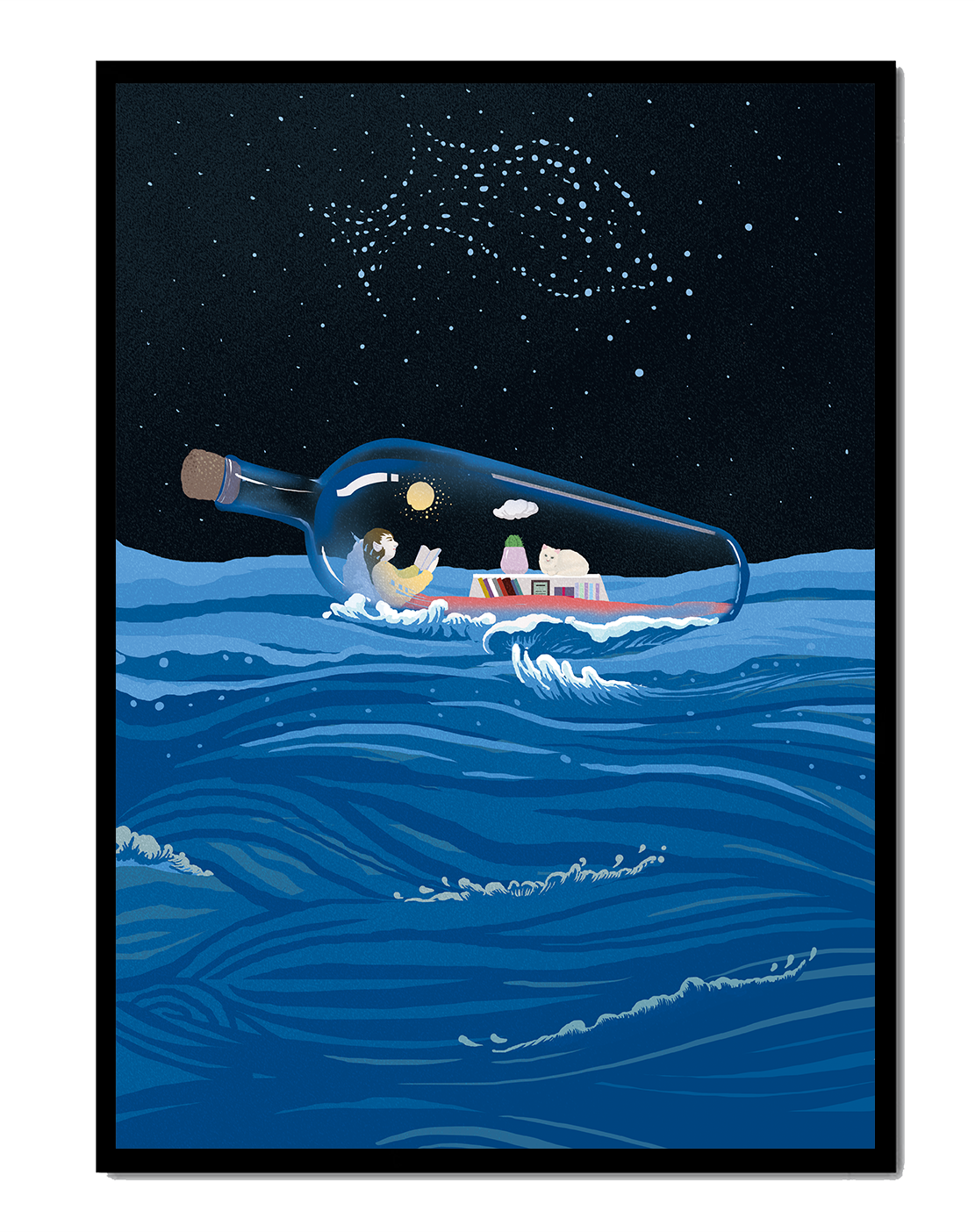 Surreal illustration of a bottle on the ocean with a starry night sky