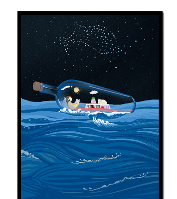 Surreal illustration of a bottle on the ocean with a starry night sky