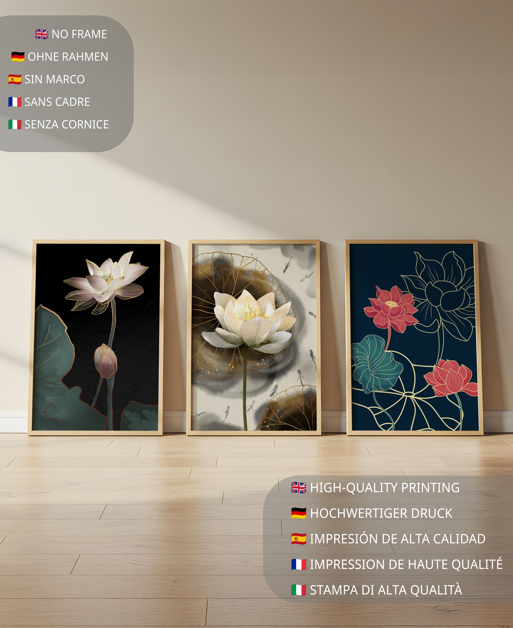 Imágenes Artísticas de Flores de Loto con Detalles en Oro